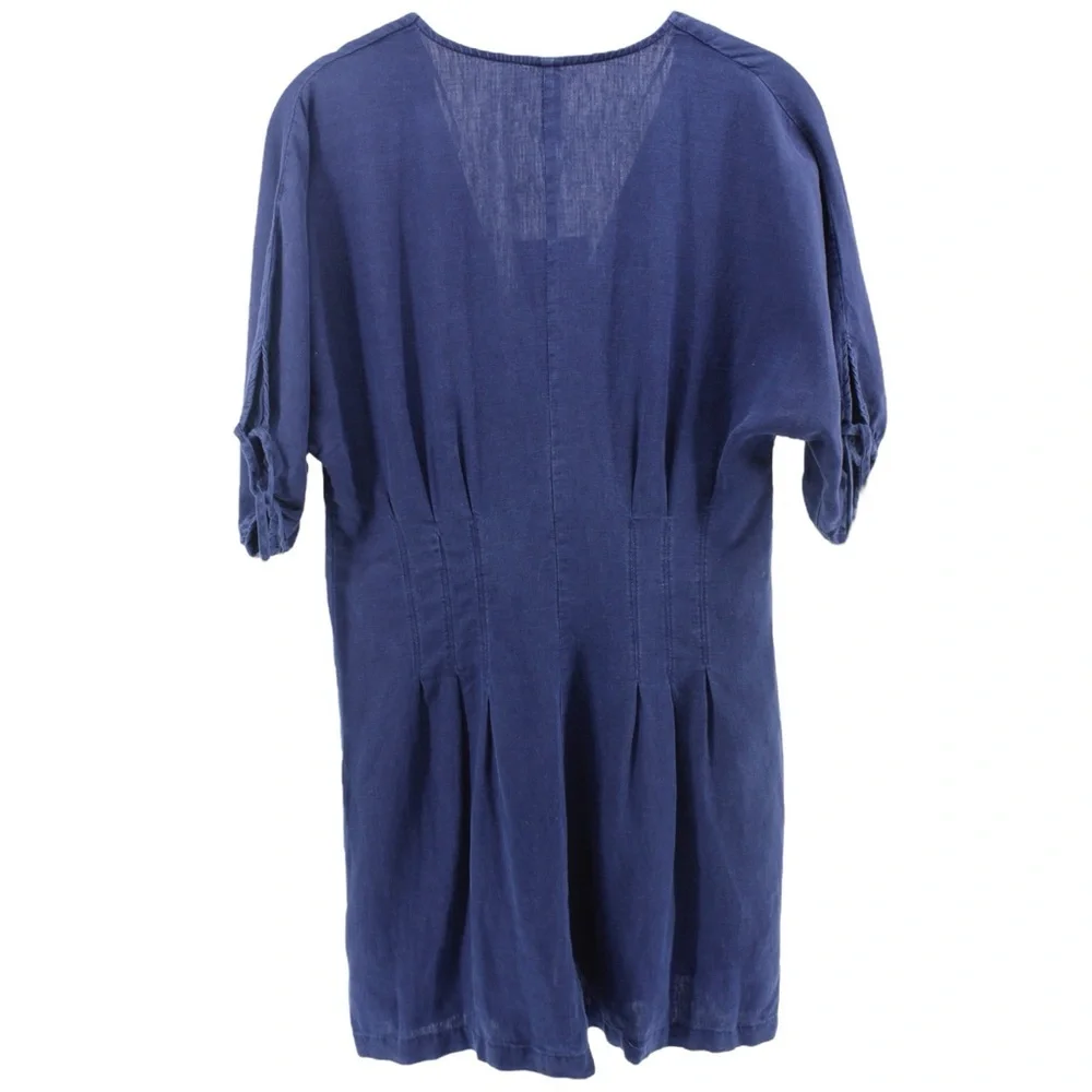 NEW Zara Navy Linen Blend‎ Deep V Short Romper Resort Coastal Vacation M